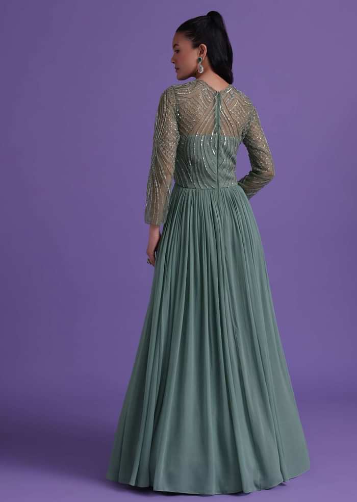 Pastel Green Gown In Georgette With Cut Dana Embroidery