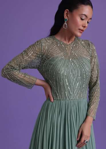 Pastel Green Gown In Georgette With Cut Dana Embroidery