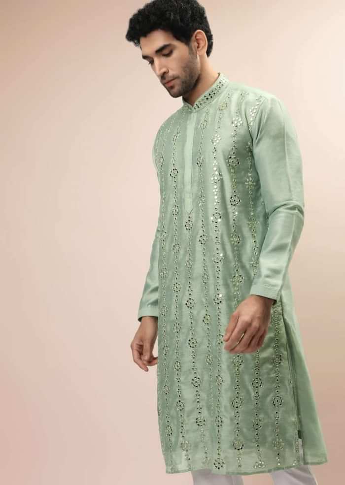 Pastel Green Kurta Set In Raw Silk With Resham And Mirror Embroidered Floral Motifs In Linear Design