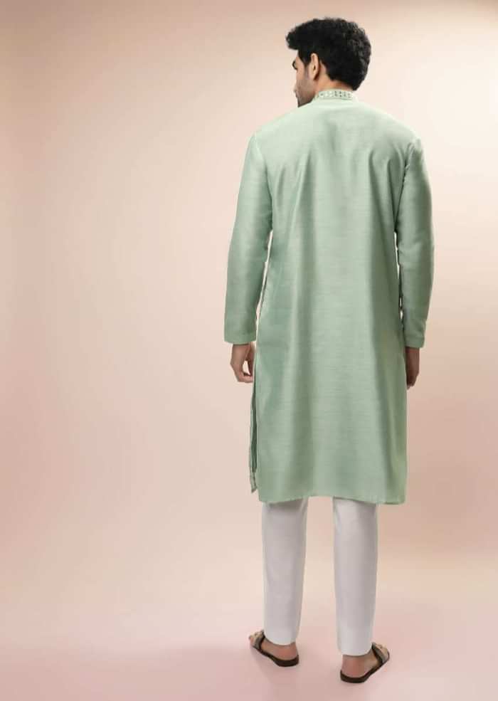 Pastel Green Kurta Set In Raw Silk With Resham And Mirror Embroidered Floral Motifs In Linear Design
