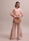 Pastel Peach Floral Printed And Sequin Worked Linen Co-ord Set For Summer