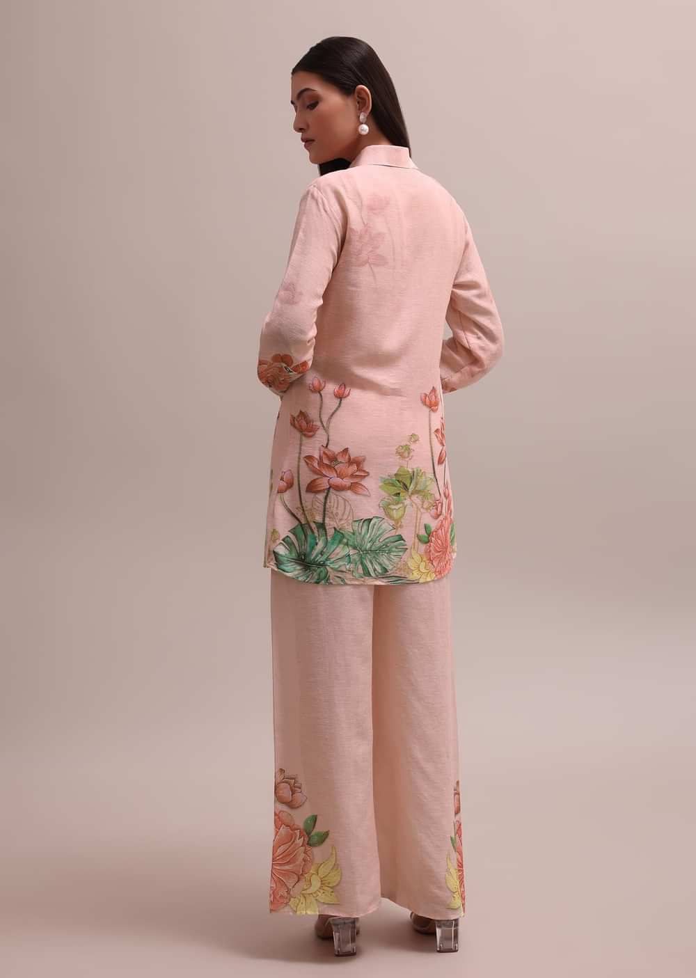 Pastel Peach Floral Printed And Sequin Worked Linen Co-ord Set For Summer