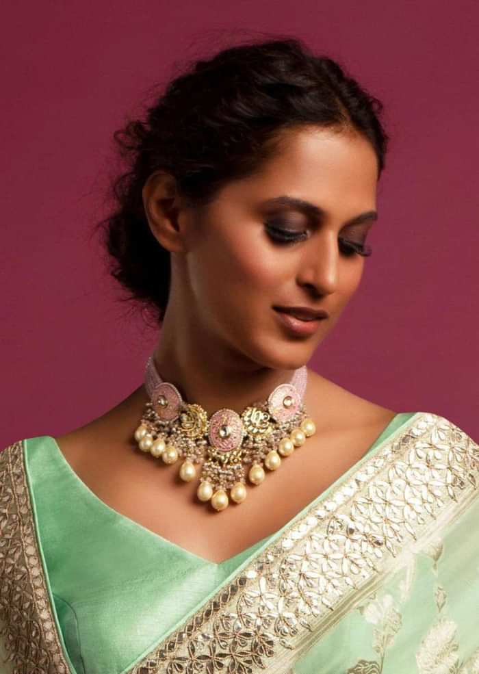 Pastel Pink Choker Necklace With Mina Work And Dangling Pearls And Beads