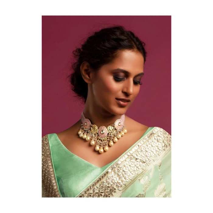 Pastel Pink Choker Necklace With Mina Work And Dangling Pearls And Beads
