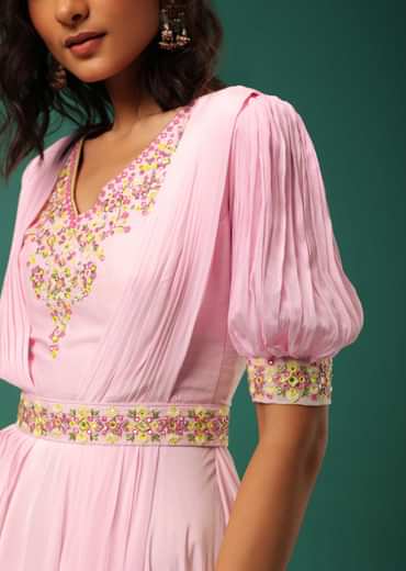 Pastel Pink Embroidered Jumpsuit in Crepe With Mirror Work