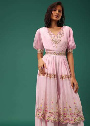 Pastel Pink Embroidered Jumpsuit in Crepe With Mirror Work