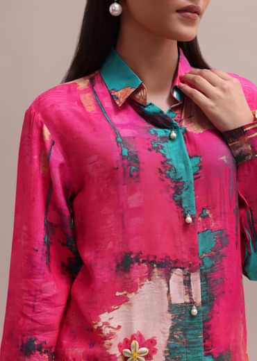 Pastel Pink Shell Worked Linen Summer Co-ord Set With Abstract Floral Prints