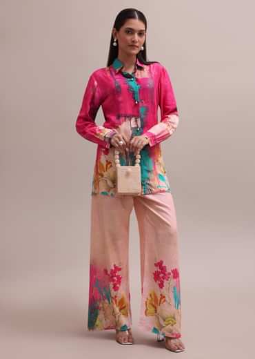 Pastel Pink Shell Worked Linen Summer Co-ord Set With Abstract Floral Prints