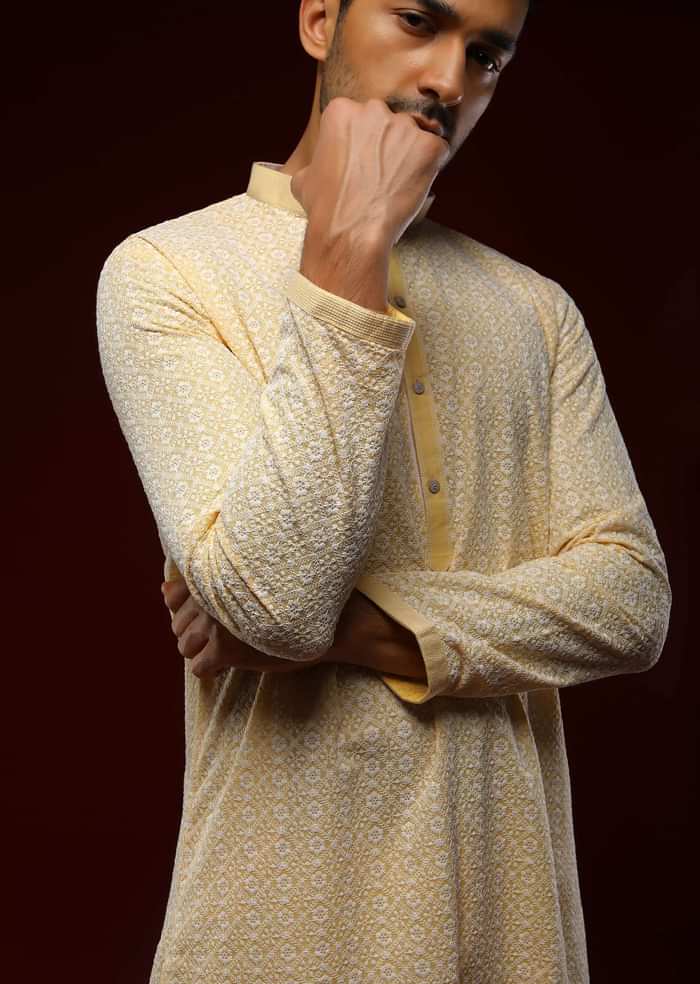 Pastel Yellow Kurta Set In Cotton With Lucknowi Thread Embroidered Ethnic Jaal