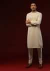Pastel Yellow Kurta Set In Cotton With Lucknowi Thread Embroidered Ethnic Jaal