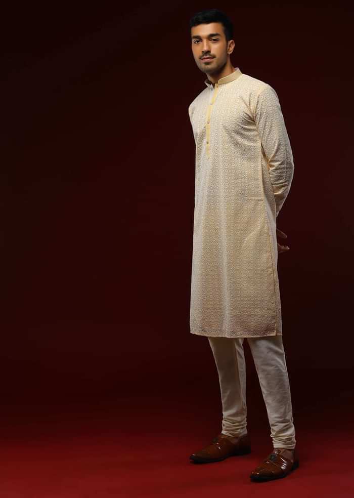 Pastel Yellow Kurta Set In Cotton With Lucknowi Thread Embroidered Ethnic Jaal