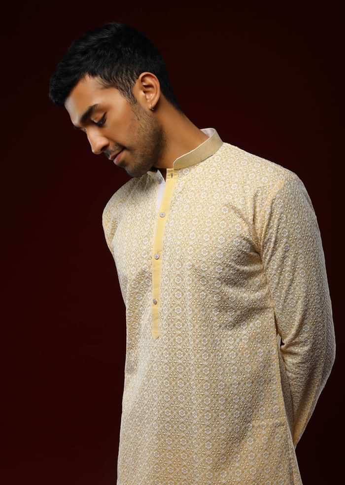 Pastel Yellow Kurta Set In Cotton With Lucknowi Thread Embroidered Ethnic Jaal