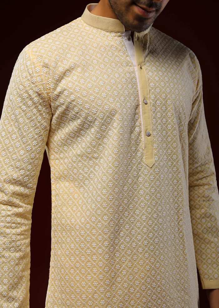 Pastel Yellow Kurta Set In Cotton With Lucknowi Thread Embroidered Flower And Checks Jaal
