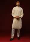 Pastel Yellow Kurta Set In Cotton With Lucknowi Thread Embroidered Flower And Checks Jaal