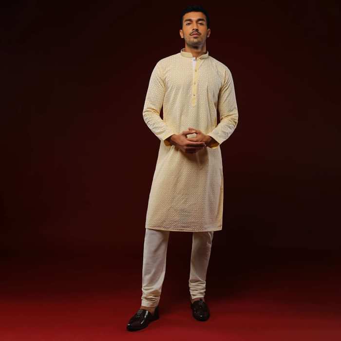 Pastel Yellow Kurta Set In Cotton With Lucknowi Thread Embroidered Flower And Checks Jaal