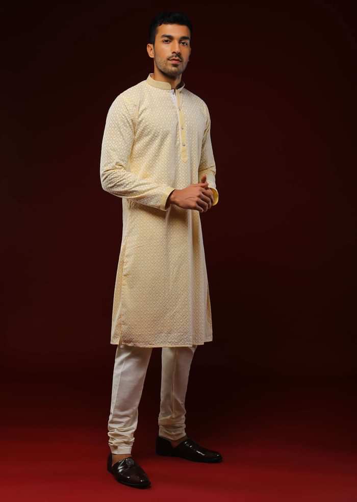 Pastel Yellow Kurta Set In Cotton With Lucknowi Thread Embroidered Flower And Checks Jaal