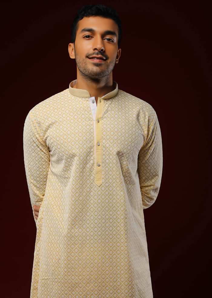 Pastel Yellow Kurta Set In Cotton With Lucknowi Thread Embroidered Flower And Checks Jaal
