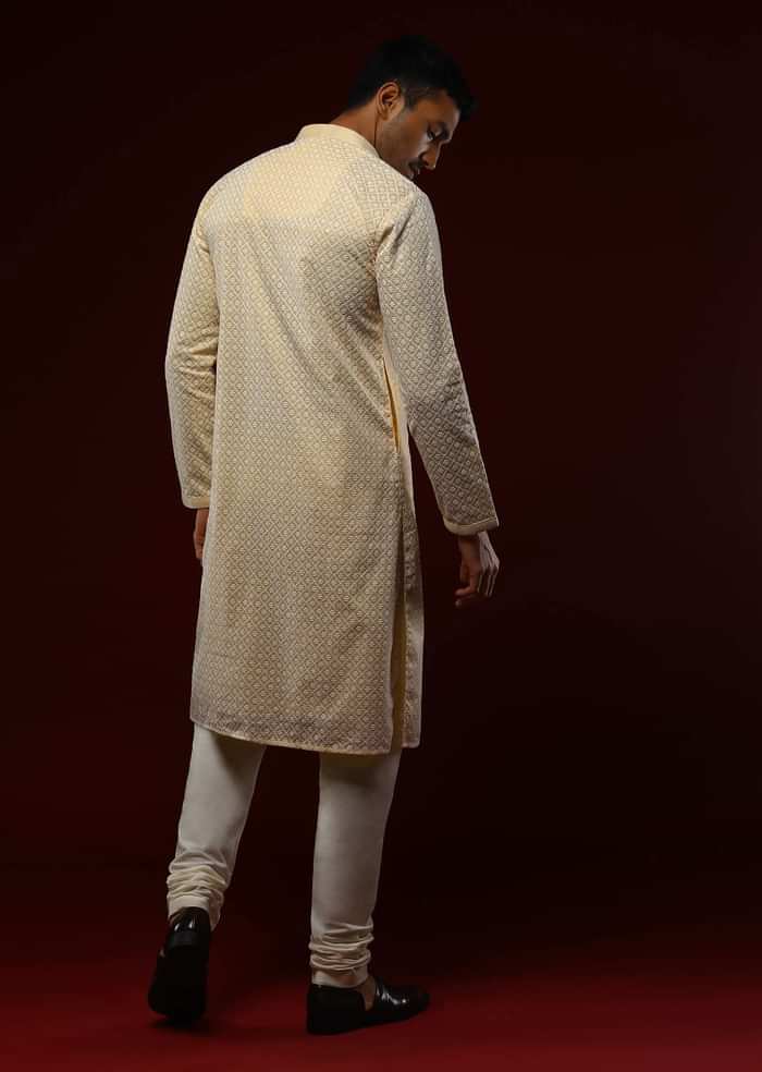 Pastel Yellow Kurta Set In Cotton With Lucknowi Thread Embroidered Flower And Checks Jaal