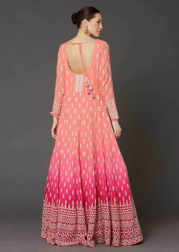 Peach And Pink Shaded Anarkali In Georgette With Lucknowi Thread Embroidered Buttis Online - Kalki Fashion