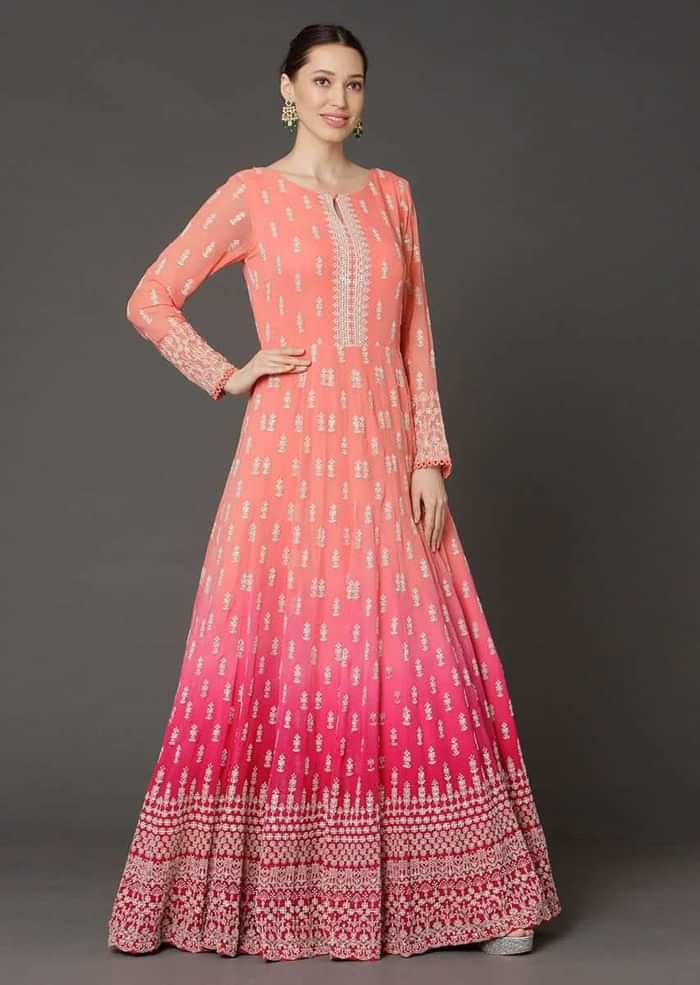 Peach And Pink Shaded Anarkali In Georgette With Lucknowi Thread Embroidered Buttis Online - Kalki Fashion