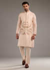 Peach Banarasi Silk Kurta Jacket Set For Men With Heavy Hand Embroidery