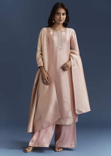 Peach Banarasi Tissue Kurta Set With Zardosi Neckline