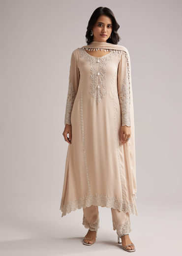 Soft Peach Beaded Kurti Pant Set With Dupatta