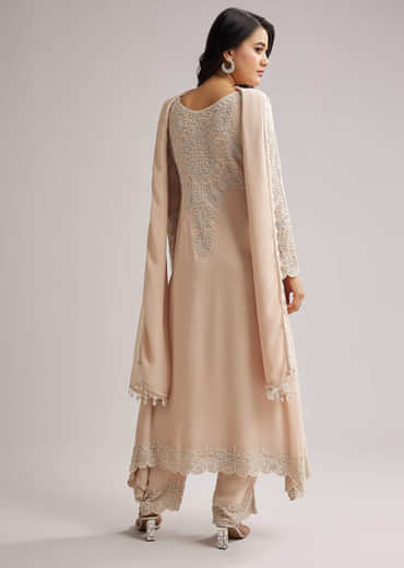 Soft Peach Beaded Kurti Pant Set With Dupatta