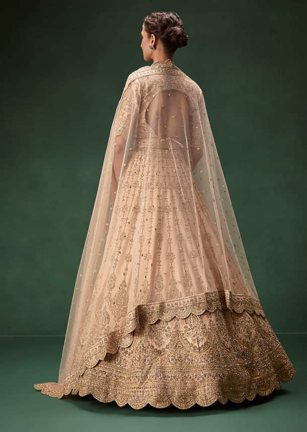 Peach Bridal Lehenga With Regal Embroidery And Single Dupatta Drape