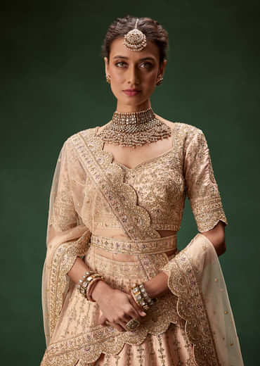 Peach Bridal Lehenga With Regal Embroidery And Single Dupatta Drape