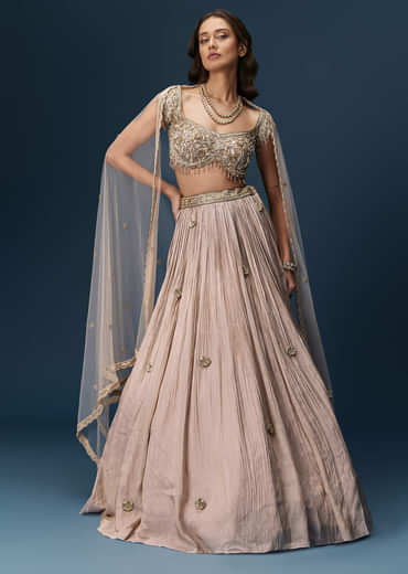 Peach Bridesmaid Lehenga With Embroidered Dupatta And Cap Sleeve Blouse
