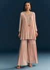 Peach Chinon Indo Western Top And Sharara Set With Zardosi Work