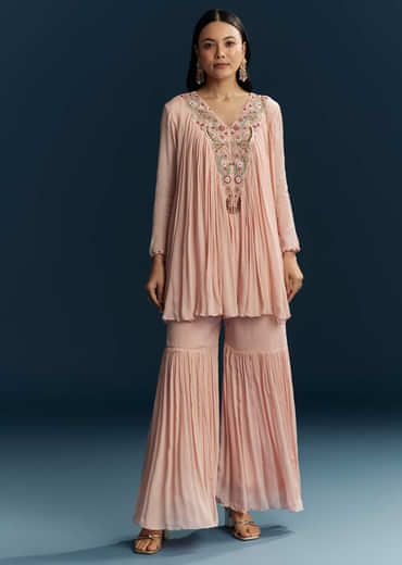 Peach Chinon Indo Western Top And Sharara Set With Zardosi Work