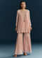 Peach Chinon Indo Western Top And Sharara Set With Zardosi Work