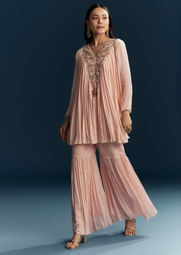 Peach Chinon Indo Western Top And Sharara Set With Zardosi Work