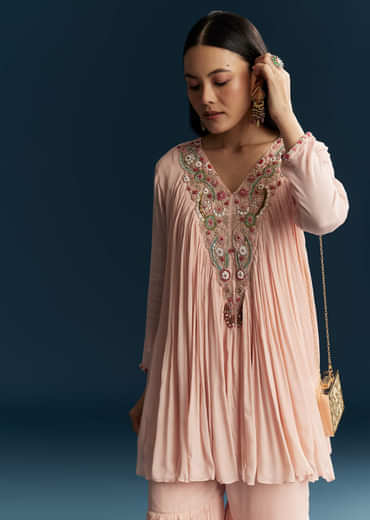 Peach Chinon Indo Western Top And Sharara Set With Zardosi Work