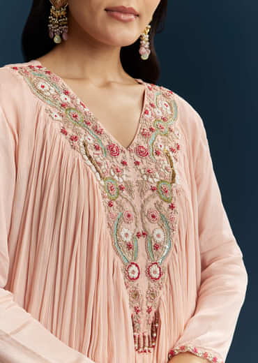 Peach Chinon Indo Western Top And Sharara Set With Zardosi Work