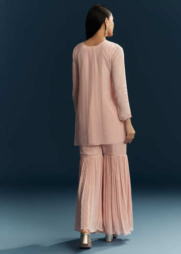 Peach Chinon Indo Western Top And Sharara Set With Zardosi Work