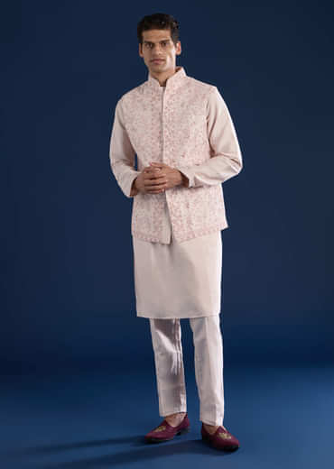 Peach Cotton Silk Jacket Kurta Set with Mirror Work
