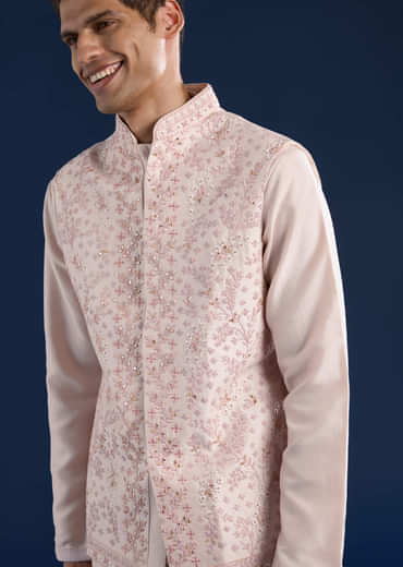 Peach Cotton Silk Jacket Kurta Set with Mirror Work
