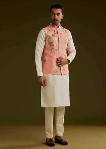 Peach Cotton Silk Kurta Set With Aari Work Jacket