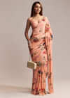 Peach Crepe Saree With Digital Print And Sequins Embroidery