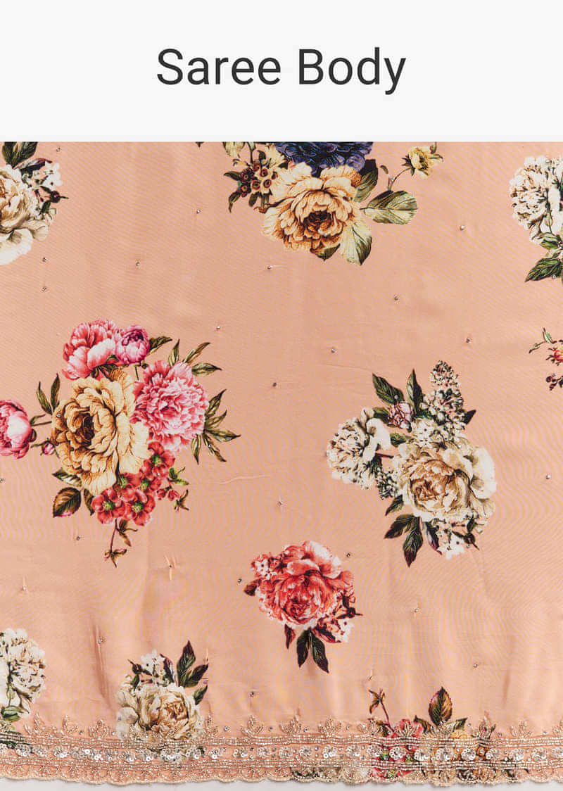 Peach Crepe Saree With Multicolor Floral Print And Embroidered Border