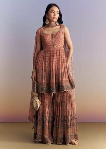 Peach Crepe Sharara Suit With Indie Print And Stone Work
