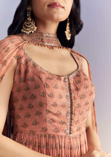 Peach Crepe Sharara Suit With Indie Print And Stone Work