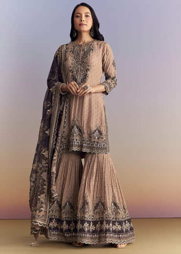 Peach Crepe Sharara Suit With Paisley Print And Zari Work