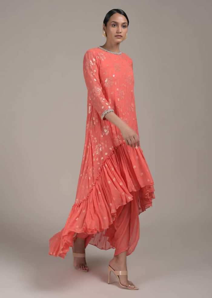 Peach Dhoti Suit With Flared Frill Kurti Embroidered Using Sequins And Thread In Floral Design