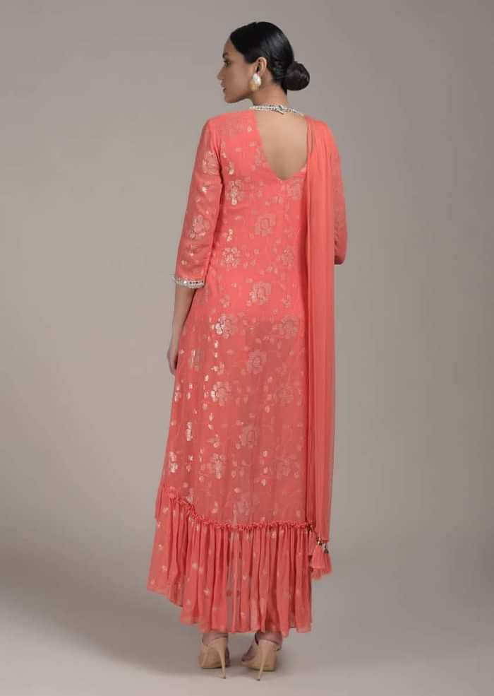 Peach Dhoti Suit With Flared Frill Kurti Embroidered Using Sequins And Thread In Floral Design