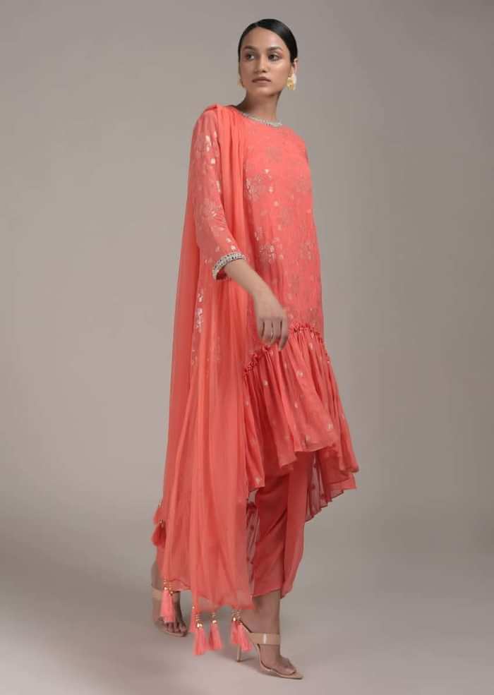 Peach Dhoti Suit With Flared Frill Kurti Embroidered Using Sequins And Thread In Floral Design