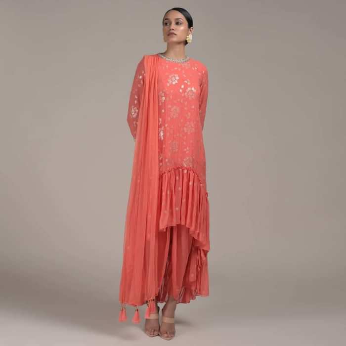 Peach Dhoti Suit With Flared Frill Kurti Embroidered Using Sequins And Thread In Floral Design